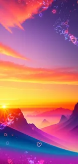 Vibrant sunset over mountains with colorful sky and landscape.