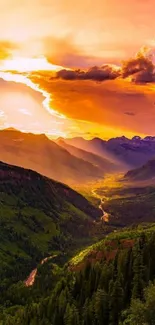 Vibrant sunset over mountains with lush green landscape.