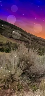 Sunset mountain with vibrant purple skies.