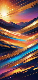 Abstract sunset landscape with vibrant colors and flowing lines.