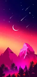 Vibrant mountain sunset with stars and a crescent moon in the night sky.