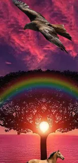 Majestic eagle soaring over a vibrant sunset with rainbow and tree silhouette.