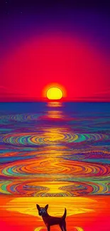 Vibrant sunset over the ocean with vivid colors and a serene atmosphere.