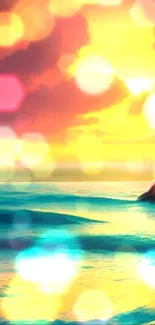 Vibrant sunset over ocean waves with artistic colors.