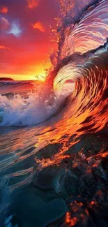 Vibrant ocean wave at sunset with fiery colors and dynamic motion.