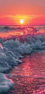 Vibrant sunset over ocean waves mobile wallpaper.