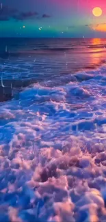 Vibrant sunset over ocean waves with colorful sky.