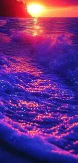 Vibrant sunset with purple ocean waves.