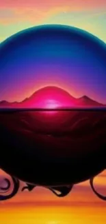 Surreal vibrant orb reflecting sunset over mountains.
