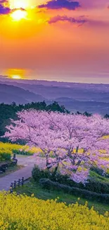 Purple sunset over blooming fields with vibrant colors.