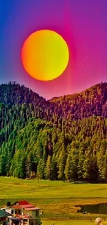 Sunset over a vibrant green forest landscape, creating a colorful and serene view.