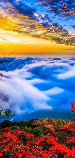 Vibrant sunset over misty mountains with colorful clouds and red flowers.