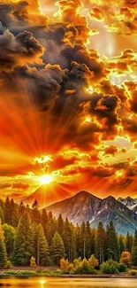 Vibrant sunset over mountains with orange sky.