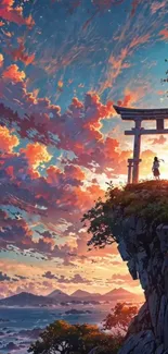 Anime-inspired landscape with a cliff and torii gate at sunset.