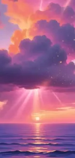 Vibrant sunset over ocean with colorful clouds.