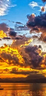 Vibrant sunset with dramatic clouds over the ocean.