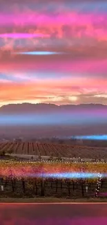 A stunning sunset over a vineyard with red-orange skies.