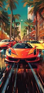 Three vibrant racing cars under palm trees at sunset.