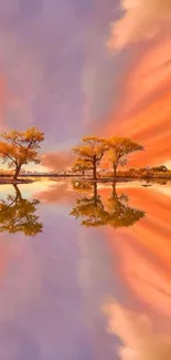 Vibrant sunset reflection on lake with trees mirrored in colorful hues.