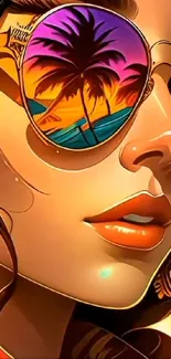 Artistic wallpaper of a sunset reflection in sunglasses with palm trees.