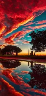 Vibrant sunset sky reflecting over calm water with silhouetted trees.