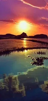 Mobile wallpaper of a sunset reflecting over a tranquil landscape.