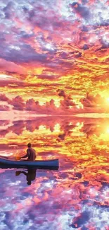 Vibrant sunset reflecting on water with a lone canoeist, ideal mobile wallpaper.