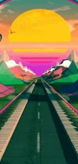 Colorful sunset road with mountains and vibrant sky.