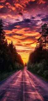 A scenic sunset road with vibrant purple and orange skies over a forest path.