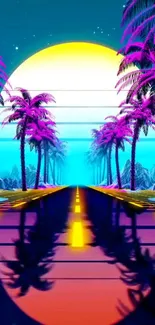 Neon sunset road with palm trees reflecting vivid colors.