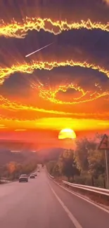 Vibrant sunset over a scenic road with a dramatic sky.