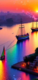 Colorful sunset with sailboats on a serene river.