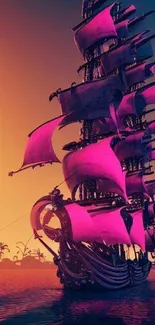 Majestic ship sailing under vibrant colored sunset sky.