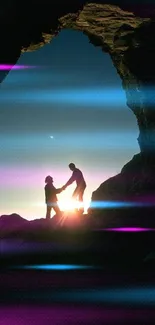 Silhouetted couple in vibrant sunset at cave entrance with colorful light streaks.