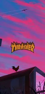 Vibrant pink sunset with Thrasher logo and urban scene.