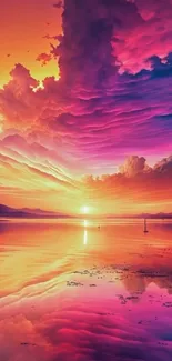 Vibrant sunset sky over a reflective water surface with colorful clouds.