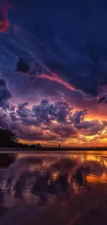 Vibrant sunset sky with dramatic clouds and reflections, ideal for mobile wallpaper.