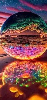 Vibrant glass sphere reflecting a colorful sunset on the beach.