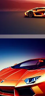 Vibrant sportscar against a sunset horizon on a phone wallpaper.