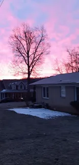 Pink and purple sunset over suburban houses.