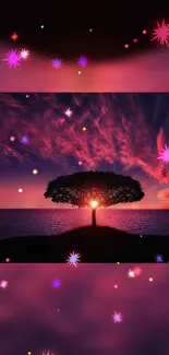 Silhouetted tree with sunset background and colorful starry accents.