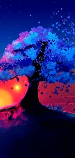 Vibrant tree with sunset in the background, emitting colorful hues.