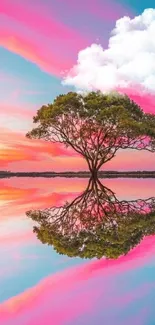 Vibrant sunset tree reflected in calm waters with pink and blue skies.