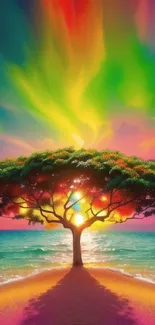 Colorful sunset wallpaper featuring a vibrant tree on a beach.