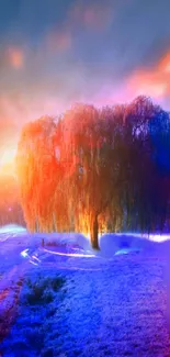 Colorful sunset tree landscape wallpaper for mobile.