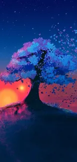 Blue tree silhouette against vibrant sunset sky.