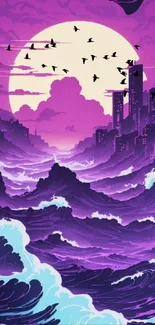 Purple sunset cityscape with waves and birds in vibrant hues.