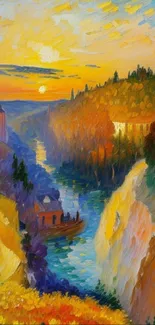 Vibrant painting of a sunset over a scenic valley with a river.