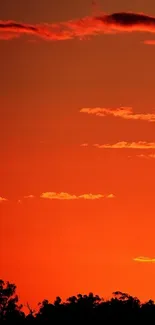 Vibrant red sunset with silhouetted landscape.