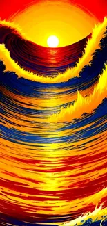 Vibrant sunset and wave design with vivid colors in an abstract style.